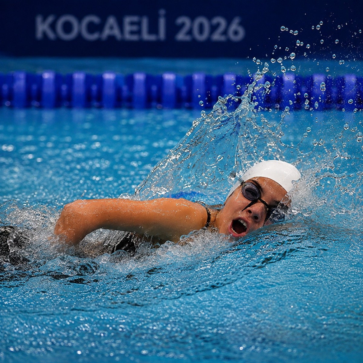 Kocaeli 2026 yarışında nefes alarak serbest stil yüzen kadın sporcu
