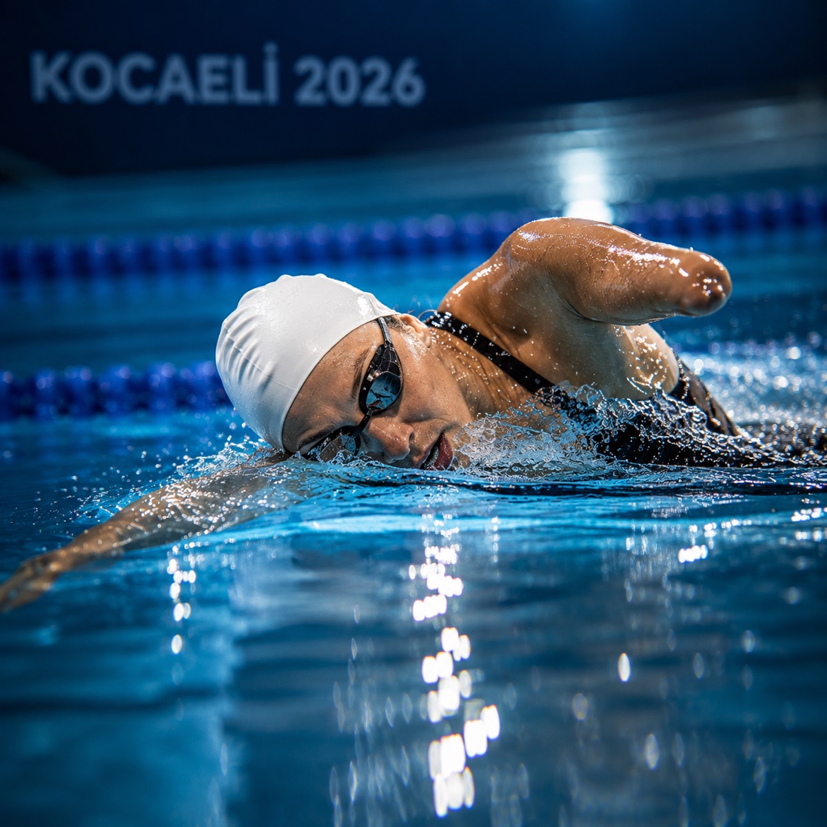 Gece yarışında serbest stil kulaç atan sporcu, arka planda Kocaeli 2026 panosu