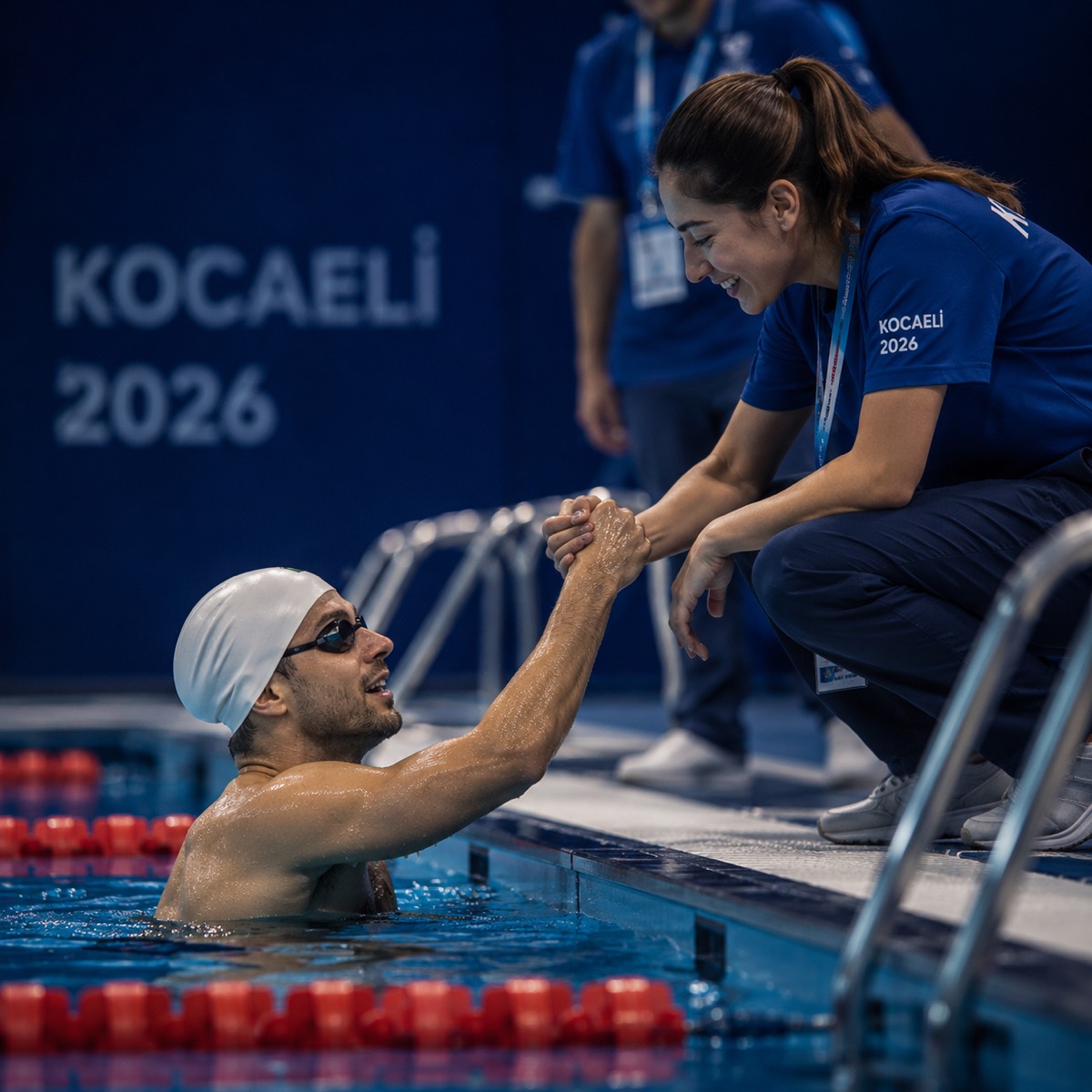 Havuz kenarında gönüllünün yarış sonrası sporcuyla el sıkışması