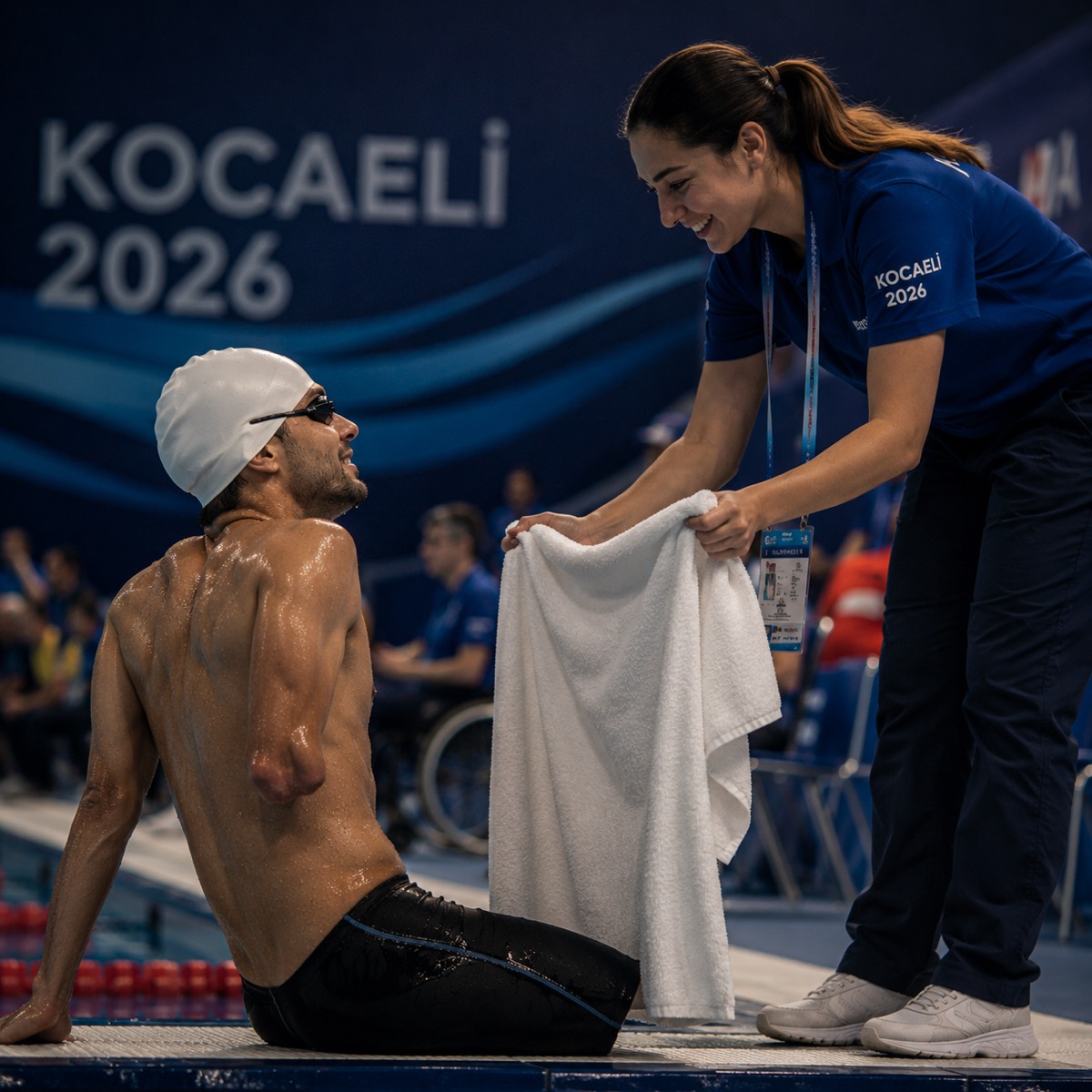 Gönüllünün yarış çıkışında sporcuya havlu uzatması